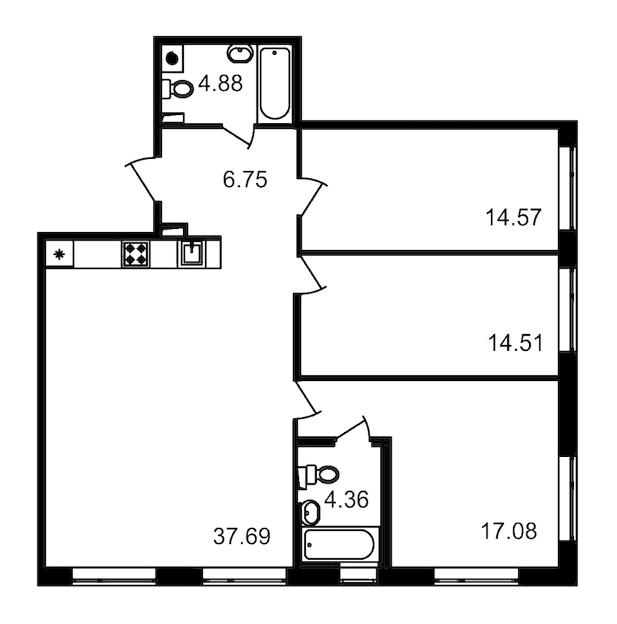 3-комнатная квартира 99.84 м², 1/12 эт., ЖК «Чёрная речка»
